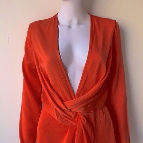 NWT NLW Orange Satin Deep Plunge Wrap Dress Medium - Picture 3 of 9